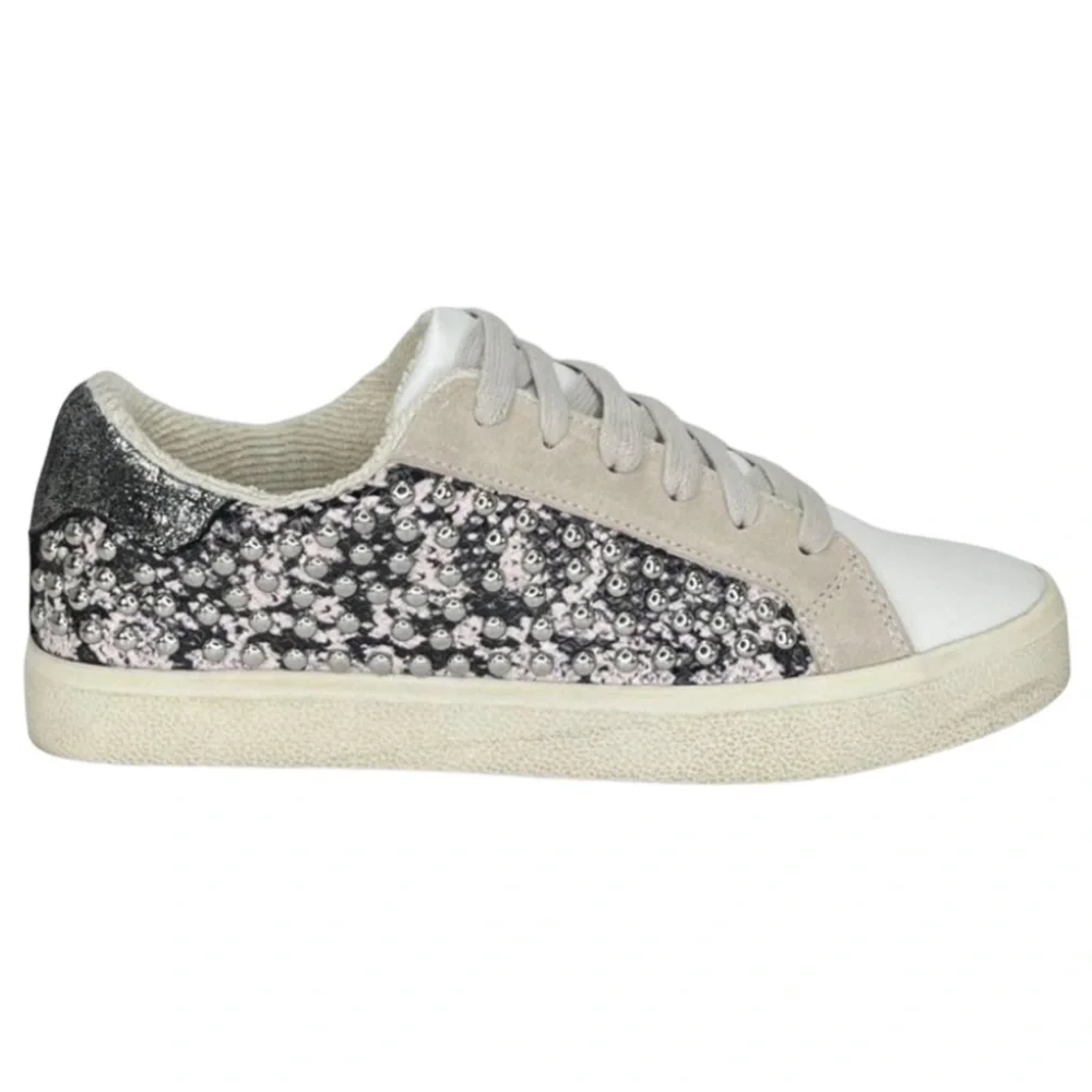 AQUA Womens Sneakers 10M Tess Grey Snake Print Leather Silver Studded